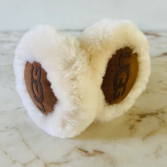 UGG Chestnut Brown Beige Suede Fur Shearling Earmuffs - Picture 4 of 12
